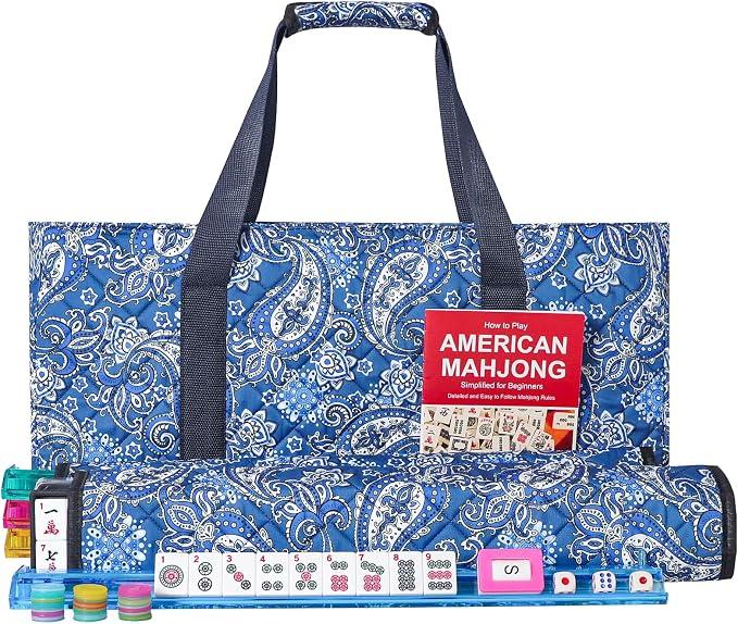 American Mahjong Game Set, 166 Quality White Tiles, 4 All-in-One Color Rack/Pushers, Mahjong Tile Set with Blue Printed Carrying Bag