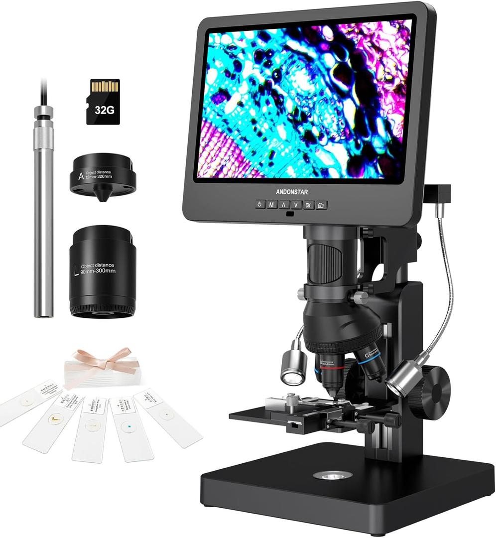 Andonstar AD269S 20X-5000X HDMI Digital Microscope with 10.1'' LCD Screen for Adults Kids, Home Lab Biological Microscope Kit with Slides, Full View for Coins, Windows Compatible