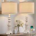 28.5" Tall Farmhouse Table Lamps Set of 2 for Living Room Rustic Bedside Lamps with USB C+A Traditional Lamp for Bedroom Nightstand Office Hallway, Washed White, Rotary Switch, Bulb not included