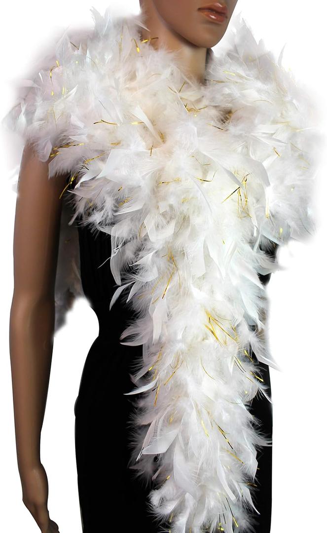 80 Gram, 2 yards Long Turkey Chandelle Feather Boa, Great for Party, Wedding, Halloween Costume, Christmas Tree Decoration (white w/gold tinsel color)