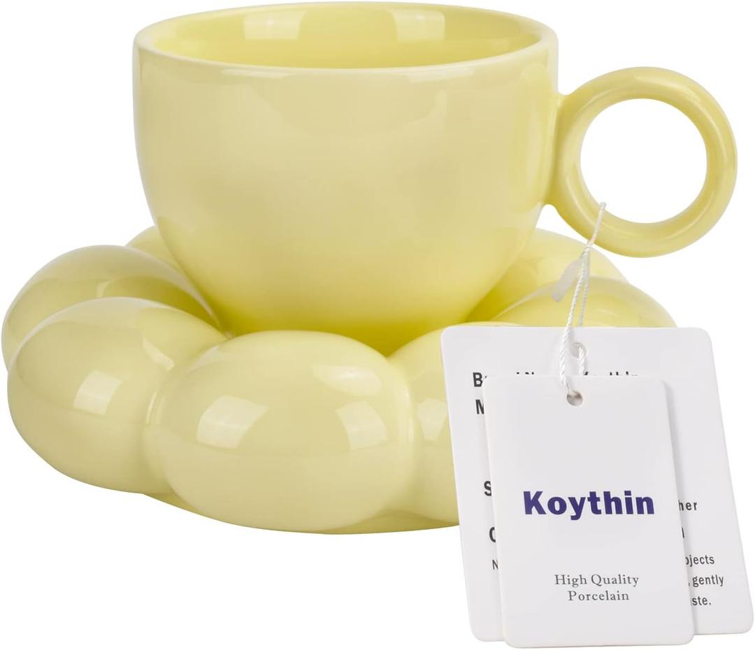 Koythin Ceramic Coffee Mug with Saucer Set, Creative Cute Cup with Sunflower Coaster for Office and Home, Dishwasher and Microwave Safe, 6.5 oz/200 ml for Tea Latte Milk (Lemon Yellow)
