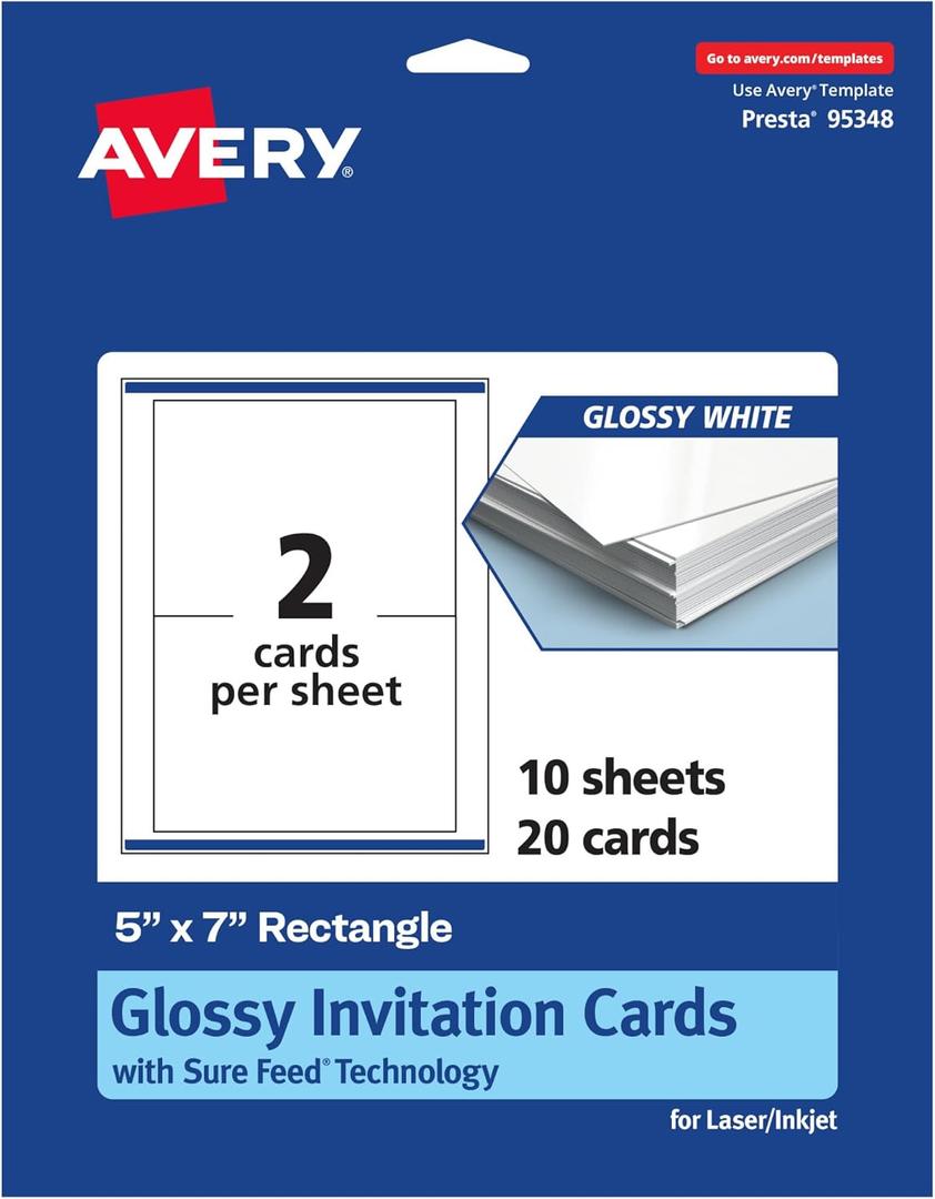 Avery Printable Rectangle Cards, Sure Feed Technology, 5" x 7", Glossy White Cardstock, Laser/Inkjet Printable, 20 Total, Great for Invitations and Thank You Messages