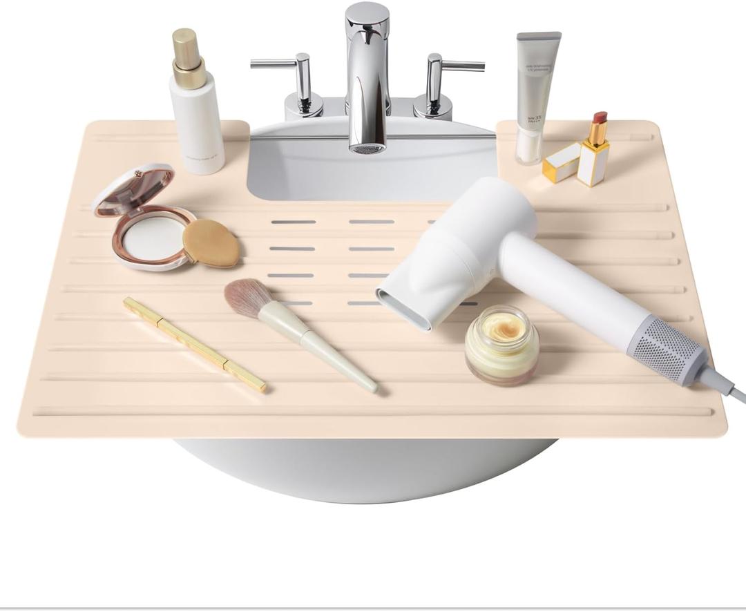Maplefield Bathroom Sink Cover for Counter Space, Heat Resistant Silicone Sink Mat for Your Beauty Routine, Small Bathroom Space Saver Sink Cover for Makeup (Beige Large, 22 x 2 x 2 Inches)