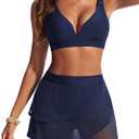 Hanna Nikole Womens High Waisted Bikini Sets, Modest Tummy Control Swimsuits, 2 Piece Bathing Suits Mesh Swim Skirt (Medium, Navy Blue)