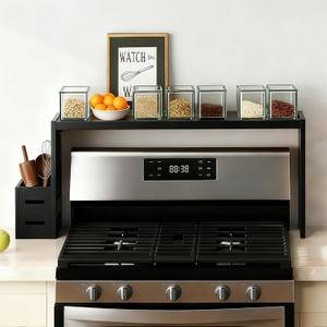 31-inch bamboo stove rack for above the hob, kitchen bamboo spice rack, supports up to 50 pounds. Bamboo stove rack for storing spices and kitchen utensils. (Black)