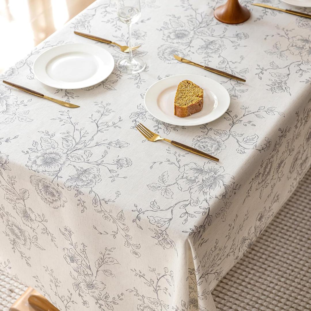 Floral Linen Table Cloth 55 x 84 inch Rustic Vintage Farmhouse Tablecloth Gray Pattern Printed on Cream Linen Tablecloth Rectangle Burlap Textured Fabric Table Cover Home Decor Holiday