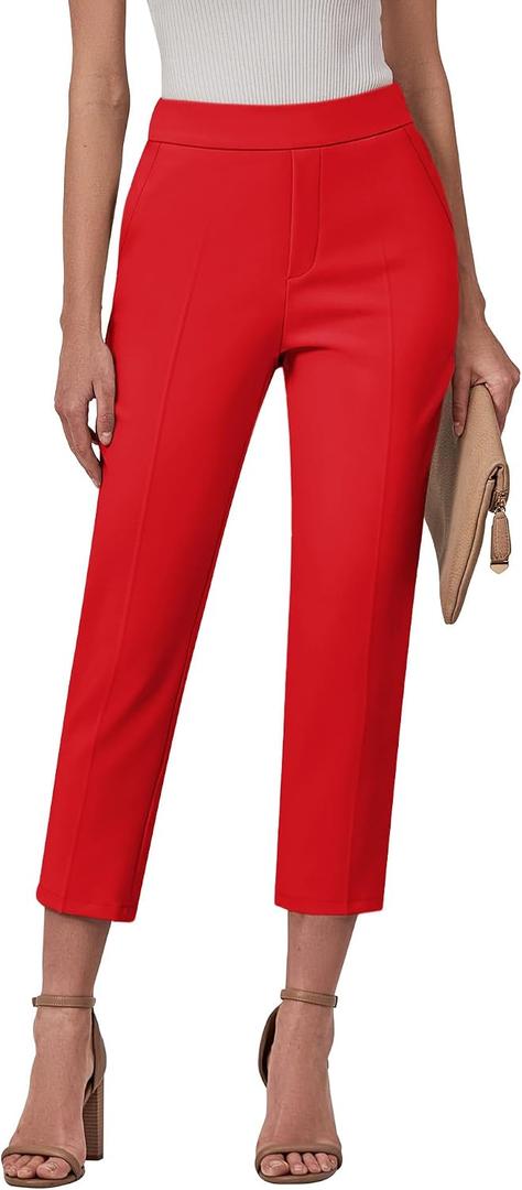 GRAPENT Capri Pants for Women High Waisted Pull On Dress Pants Slim Straight Leg Stretchy Waist Capris Trousers Pants (Red, XL)