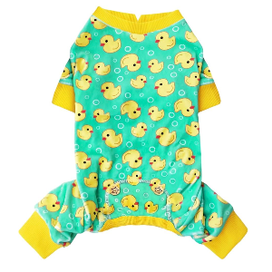 KYEESE Dog Pajamas Stretchy Pet Jammies Coat Comfy Pet Onesie Costume Velvet Dog Pajamas Small Sized Dogs Soft Dogs Clothes Pjs with Yellow Ducks Pattern, Large