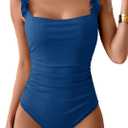 Eomenie Women's One Piece Swimsuit 2025 Tummy Control Square Neck Bathing Suit Ruffle Straps Ribbed Swimwear (Large, Royal Blue)
