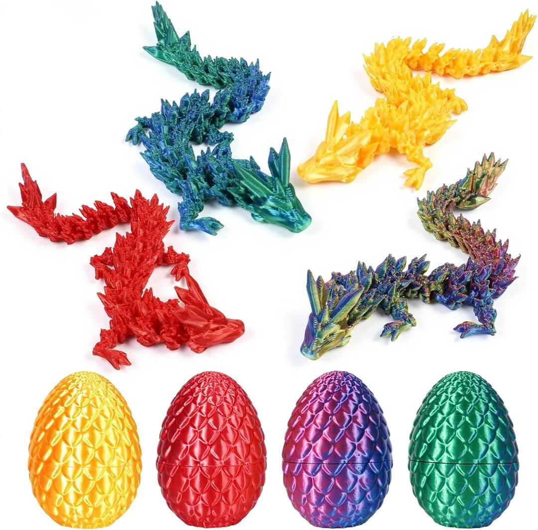 VivaNova 4 Pack 3D Printed Easter Dragon Eggs, Prefilled Easter Eggs with Articulated Mini Dragons Inside, Easter Basket Stuffers, Easter Egg Fillers, Dragon Fidget Toys, Classroom Exchange Gifts