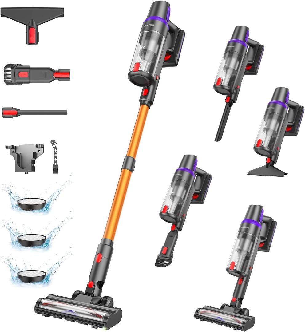 TechRise Cordless Vacuum Cleaner for Home, Powerful Suction Stick Vacuum with Tangle-Free Brush, Up to 60 Min Runtime, 8-in-1 Versatile & Self-Standing for Hardwood Floors, Carpets, Pet Hair (Gray+gold)