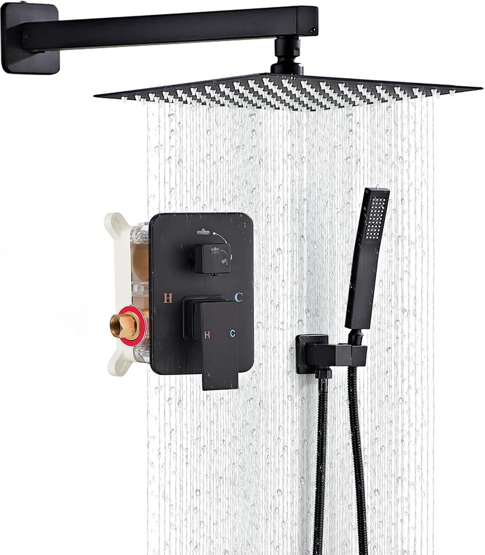 Shower Faucet Set, Matte Black Rainfall Shower System Complete Wall Mounted for Bathroom with 10 Inch Square Shower Head and Handheld Shower Head Rain Mixer Combo Set