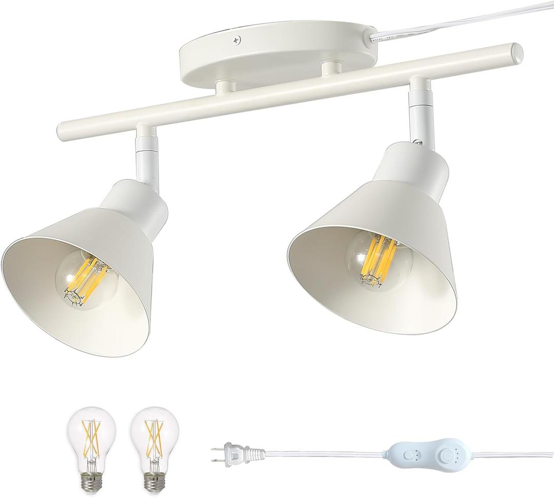 2 Light Plug in Track Lighting Kit,Modern Plug in Ceiling Light Fixture,14.7ft Cord,Timer & Dimming Switch,2 Way Ceiling Spot Lighting,Flexibly Rotatable Light Head (White)