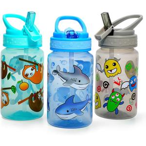 Home Tune 15oz Kids Water Drinking Bottle - BPA Free, Wide Mouth, Flip Straw Sip Lid, Easy Open, Lightweight, Leak-Proof Water Bottle Cute Design For Girls & Boys - 3 Pack Shark & Sloth & Monster