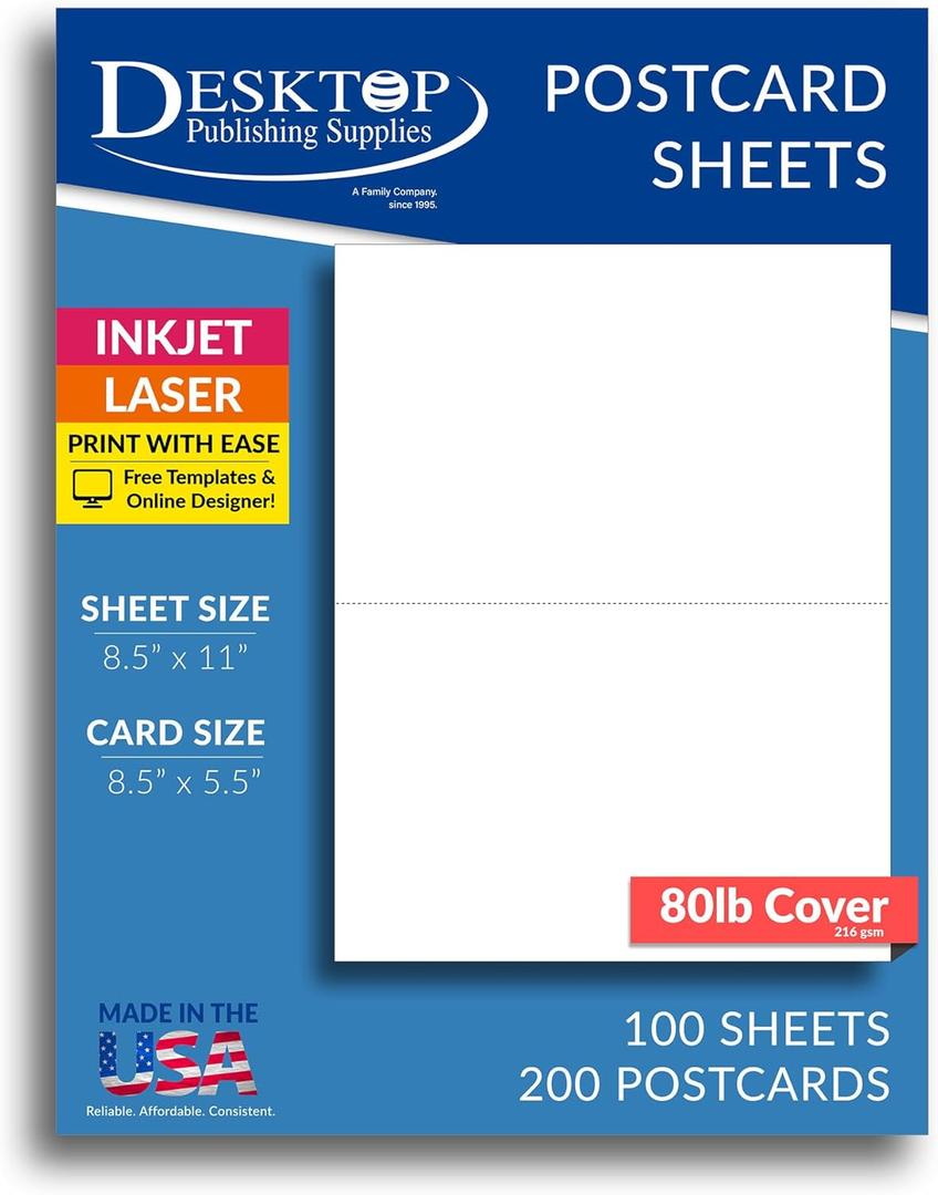 8.5" x 11" Blank White Perforated Cardstock Paper - 2 Per Sheet Breaks to 5.5" x 8.5" - Inkjet/Laser Printable - for Postcards, Flash Cards, Index Cards - 100 Sheets / 200 Cards