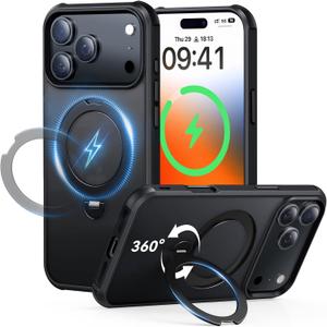 360 Spin Magnetic Stand (Pro-Version) for iPhone 17 Pro Case (Compatible with MagSafe) [Military Drop Protection] Matte Translucent Shockproof Protective Phone Case 6.3'', Black