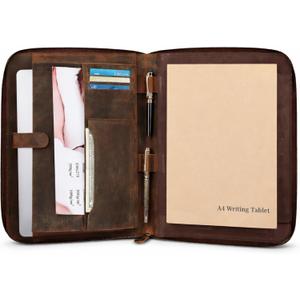 Genuine Leather Padfolio Zipper Portfolio with 13 Inch Laptop Pocket, Professional Business Organizer for Documents, Cards & Writing Pad, A4/Letter Size Portfolio Folder