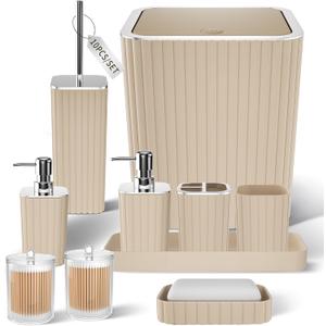 XLHOMO Bathroom Accessories Set - Gorgeous Beige Bathroom Set, 10PC Bathroom Accessory Set, Toilet Brush, Trash Can & Soap Dispenser
