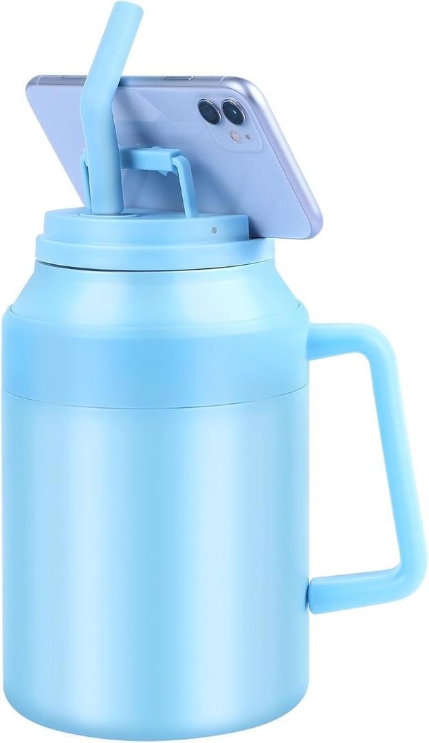 50 OZ Insulated Tumbler with Handle and Straw,Vacuum Insulated Stainless Steel Water Bottle Thermal Cups with Lid & Phone Holder, Large Water Jug for Camping, Exercising, Studying and Working (Blue)