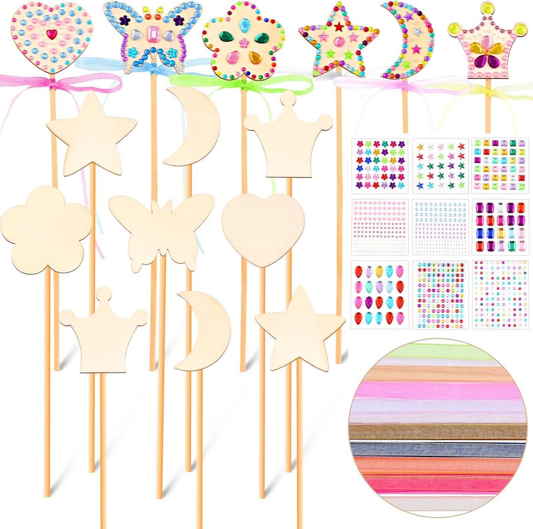 Chinco Princess Fairy Wands Kit Include Wooden Fairy Wands, Gem Stickers, Ribbons Unfinished Wooden DIY Magical Crafts Moon Butterfly Magical Crafts for Girls Make Your Own Princess(18 Sets)