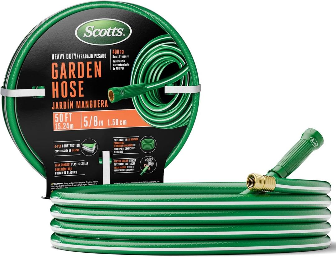 Scotts 50 ft. Heavy Duty Garden Hose 5/8 in. Diameter, 4-Ply, 400 PSI High-Pressure, Easy-to-Coil Water Hose with Crush-Resistant Couplings and Twist-Resistant Collar for Lawn and Garden