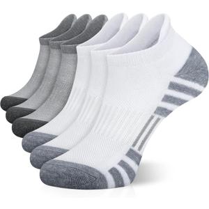 Airacker Ankle Athletic Running Socks Cushioned Breathable Low Cut Sports Tab Socks for Men and Women (6 Pairs) (9-12, White&grey)