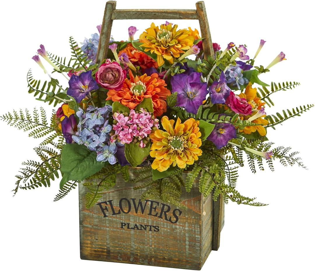 Nearly Natural Mixed Floral Artificial Arrangement in Wood Basket