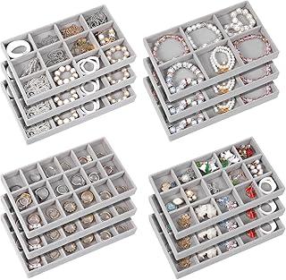 Junkin 12 Pcs Jewelry Tray Velvet Stackable Jewelry Organizer Trays Divided Earring Accessories Storage Containers Box (Rose Red)