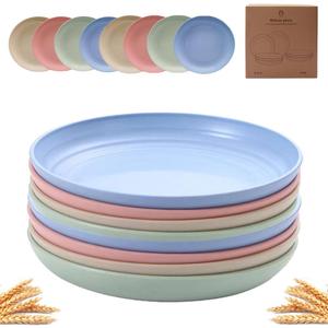 K Y KANGYUN 8 Pcs 9 Inch Unbreakable Wheat Straw Plates, Microwave/Dishwasher Safe cereal Dinner Plates, BPA Free, Reusable kitchen Plastic Plates Suitable Dinnerware. (Classic Bright)