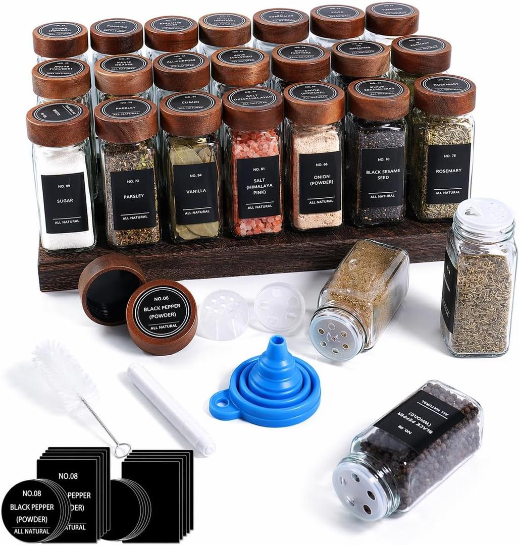 yutrenn Spice Jars with Labels 24 Pack 4 oz Glass Spice Containers with Wooden Lids, Empty Seasoning Jars Set with Funnel, Brush & Marker, Square Glass Jars for Kitchen Pantry Organization & Storage