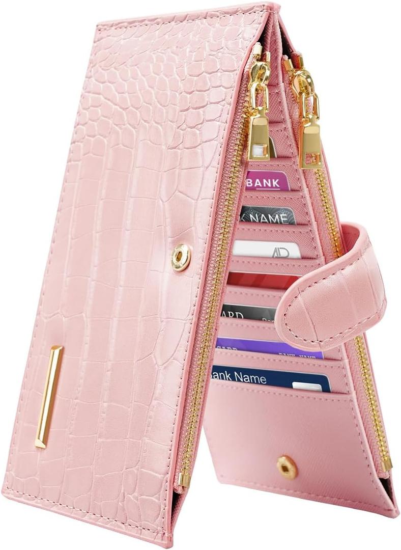 Wallet Women Crocodile Large Capacity Wallets RFID Blocking Multi Card Organizer Womens Billfold Long Purse Credit Cards Holder with Double Zipper,Pink