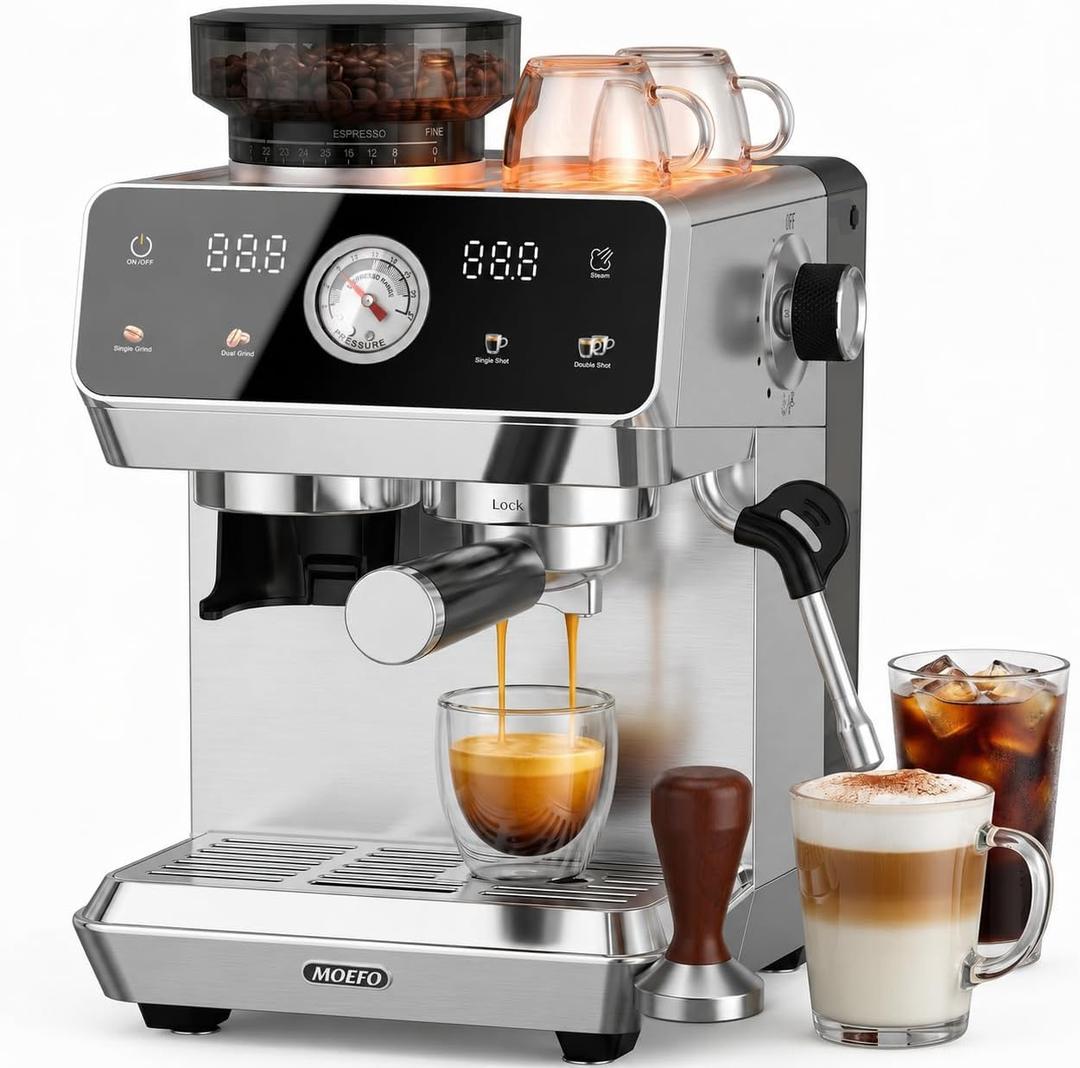 Espresso Machine with Grinder, 20-Bar Programmable Semi-Automatic Coffee Maker, Visual Pressure Gauge & Touchscreen, Compact Design with Tamper, Make Americano, Latte, Cold Brew, Silver