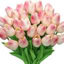 28pcs Pink Flowers Artificial Tulip Stems Real Feel PU Tulips for Easter Spring Wreath Wedding Bouquet Centerpiece Floral Arrangement Cemetery Table Dcor 13" Tall