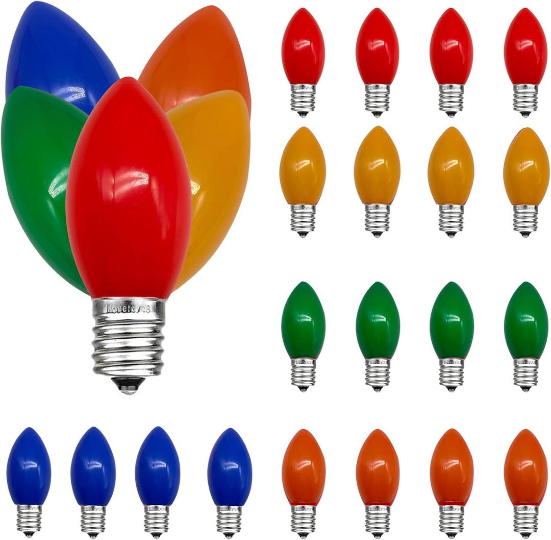 25 Pack Multicolor C9 LED Bulbs, C9 Replacement Bulbs for Christmas Tree Lights Patio String Lights Outdoor Indoor, E17/C9 Intermediate Base, 7W Ceramic 5 Color/Orange/Yellow/Red/Blue/Green