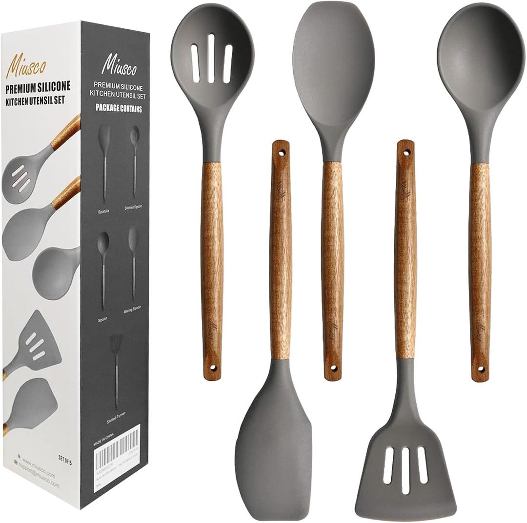 Kitchen Utensils Set, Silicone Cooking Utensils Set, Non-Stick Silicone Spatula Set with Natural Acacia Hard Wood Handle, 5 Piece, Upgraded Thickened Cookware (Gray)