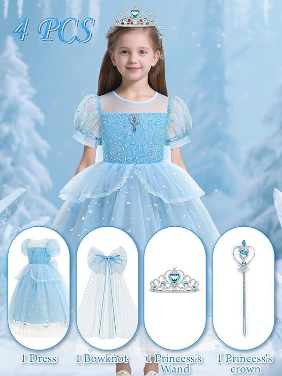 YYSSNM Girls Princess Costume Set with Crown, Magic Wand & Trailing Bow  Elegant Party Dress for Cosplay, Birthdays, Halloween, 130