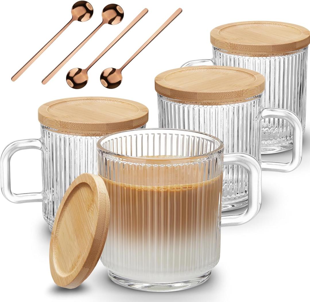 Mfacoy 4 PACK Glass Coffee Mugs with Handle & Spoon, 12 OZ Glass Coffee Cups with Bamboo Lid, Ribbed Glass Cups, Clear Tea Cup for Hot/Cold Beverages, Glassware Set for Americano, Latte, Cappuccino