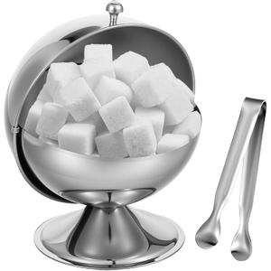 Stainless Steel Sugar Bowl with Roll Top, Stainless Steel Spherical Candies Bowl with 4.33 Inch Sugar Tong, Sugar Cube Holder, Candy Jar Cookies Mints Holder Bowl for Home Kitchen, Office, Parties