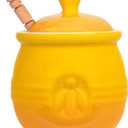 Creative Co-Op Yellow Stoneware Honey Pot with Lid & Wood Honey Dipper (3. 5Lx3. 5Wx4. 25H inches)