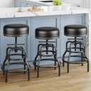 Adjustable Height Swivel Bar Stools Set of 3, 22-29 Inch Industrial Vintage Bar Counter Height Stools with Thicken Premium Bonded Leather Seats & Updated Footrests, Easy Assembly, Black
