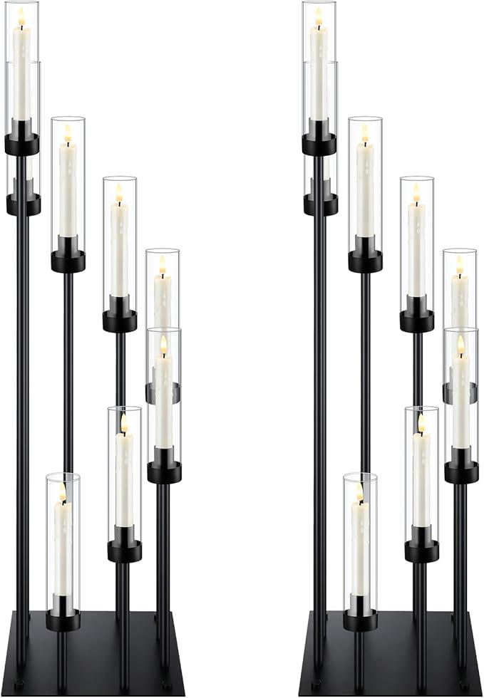 Layhit 2 Pack Black Floor Candelabra Centerpieces 42.13 Tall 8 Arms Floor Candle Holder with Acrylic Shade Pillar Metal Black Candelabra Centerpieces for Wedding Dinner Ceremony Party Decoration