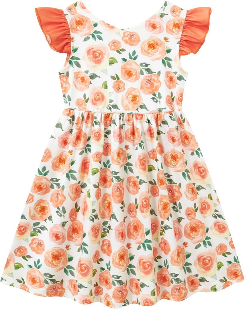 Orange Flower Dress for Toddlers Girl 5 6 Year Old Kids Ruffle Short Sleeve Dresses 5t 6t Little Girls Cute 3D Printed Floral Back Bow Frock Size 5-6