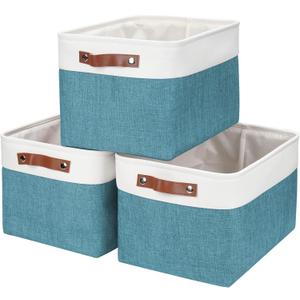 Bagnizer Storage Bins Large Fabric Storage Baskets for Shelves 3 Pack, Decorative Linen Closet Baskets with Handles for Organizing, Shelf, Clothes, Home, Office, 15x11x9.5Inches (Teal & White)