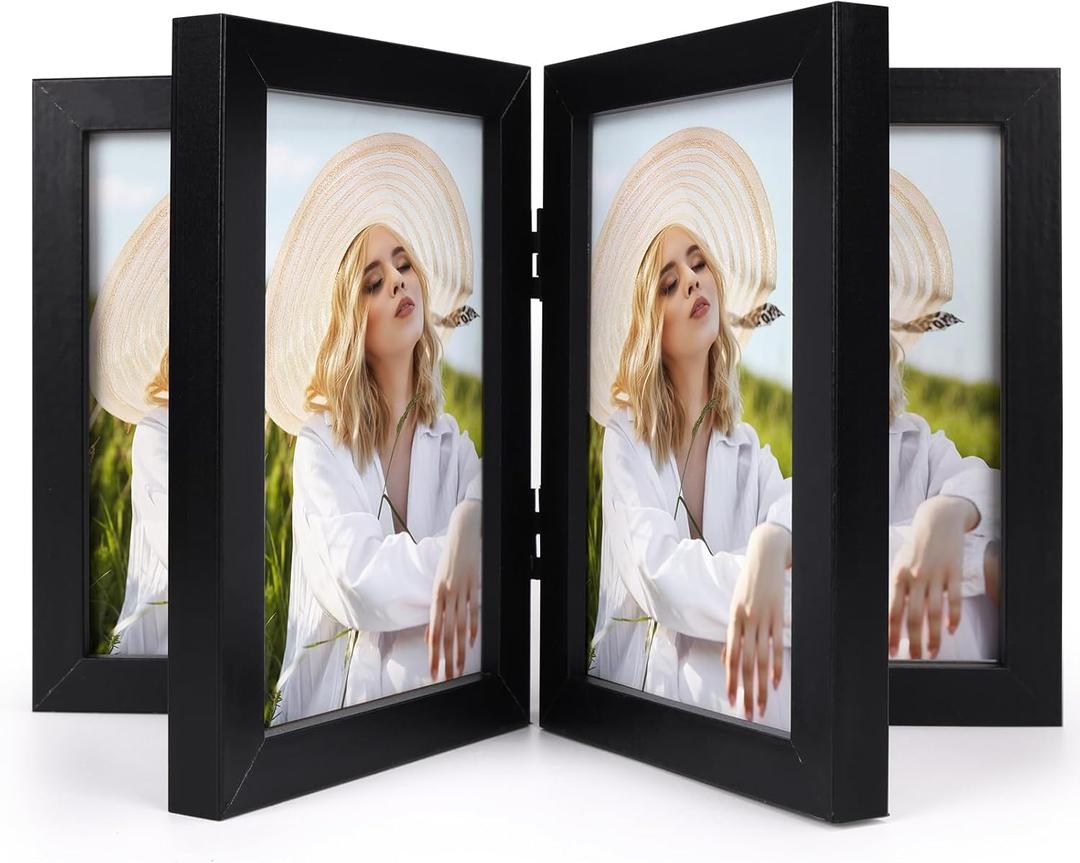 Lyeasw Four Hinged 4x6 Picture Frame, Classic 8 Opening 4 by 6 Photo Frame with Glass, Black Folding Frame for Tabletop or Desk Standing
