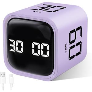 GuDoQi Multi-Function Cube Timer, 5/10/30/60 Min & Custom Count Down, Included Pause & Resume Feature, Silent, Vibrate & Adjustable Sound Alarm for Productivity in Tasks, Study & Kitchen, Purple