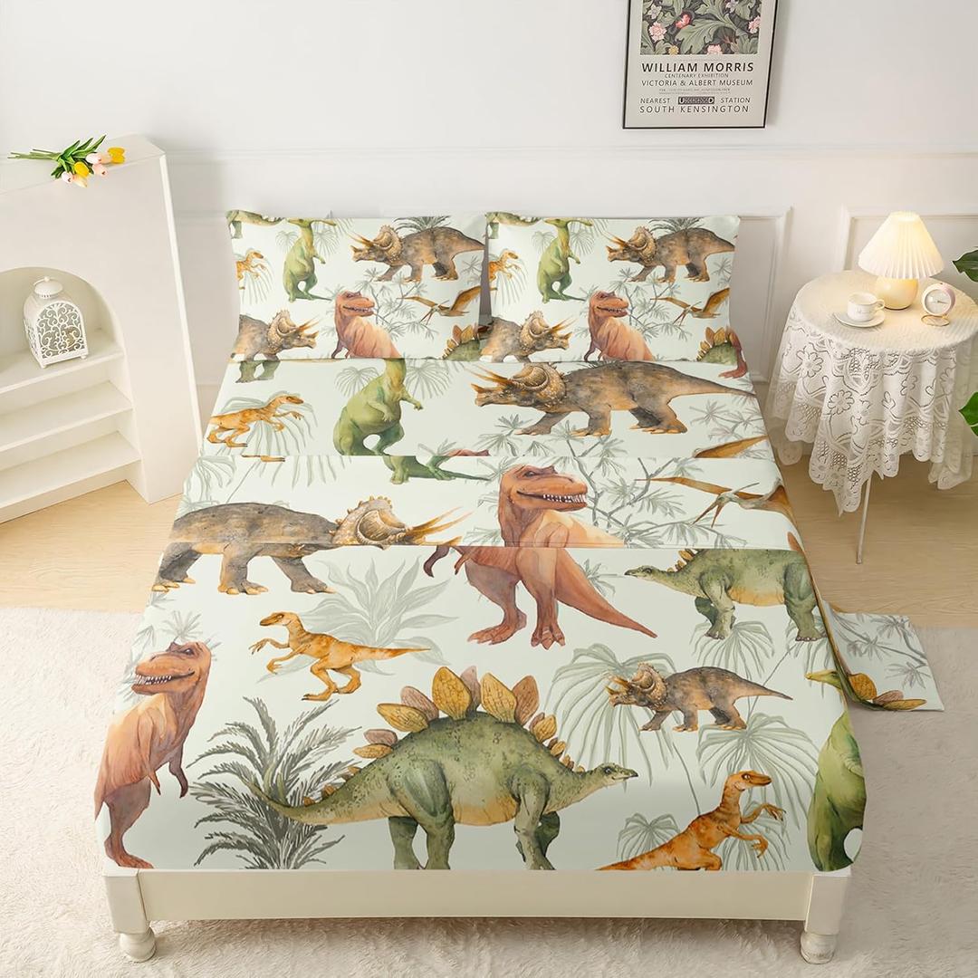 QOOMO Teal Dinosaur Sheet Set Twin Size 4 Piece, Trippy Dino Sheet for Boys Kids Teens with 2 Pillowcases and 16" Deep Pocket, T-rex Bedding Set Microfiber Ultra Soft Skin Friendly