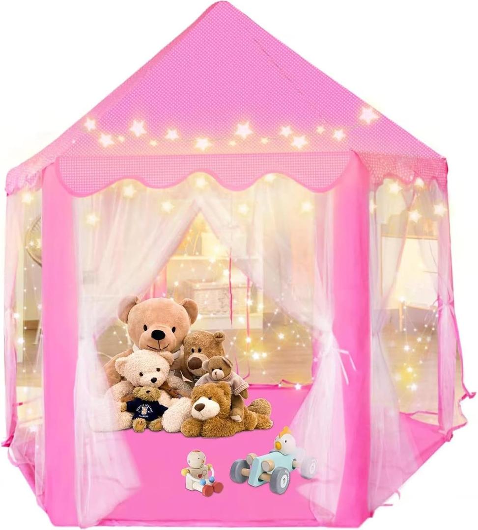 Kid's Play Tent, Ceither Princess Castle Girls Playhouse with Star Lights, 55" x 53" (L x H) Pink Princess Tent Indoor Outdoor for Imagination Interactive Play