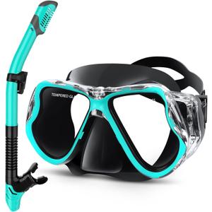Greatever Dry Snorkel Set,Panoramic Wide View Anti-Fog Scuba Diving Mask,Professional Snorkeling Gear for Adults Kids (Small, Black Green)