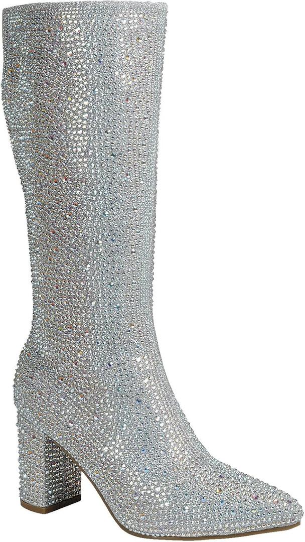 ABSOLEX Women Pointed Toe Rhinestone Block Medium Heel Knee High Boots (9, Silver)
