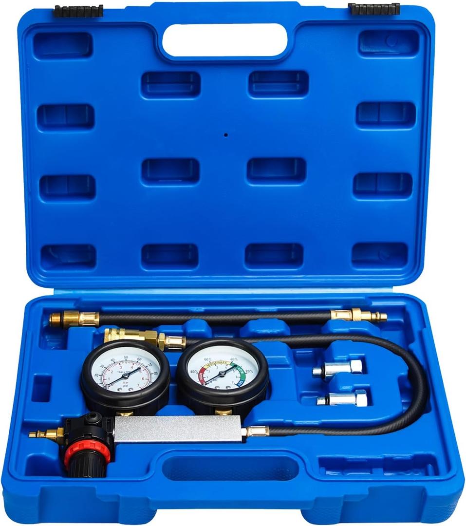 Handor Cylinder Leak Down Tester Kit Dual Pressure Gauges Engine Compression Leakdown Detector Leakage Test Set for Gasoline Engine Leak Detection Tester Kit Piston Ring Valve Head Gaskett (Blue)
